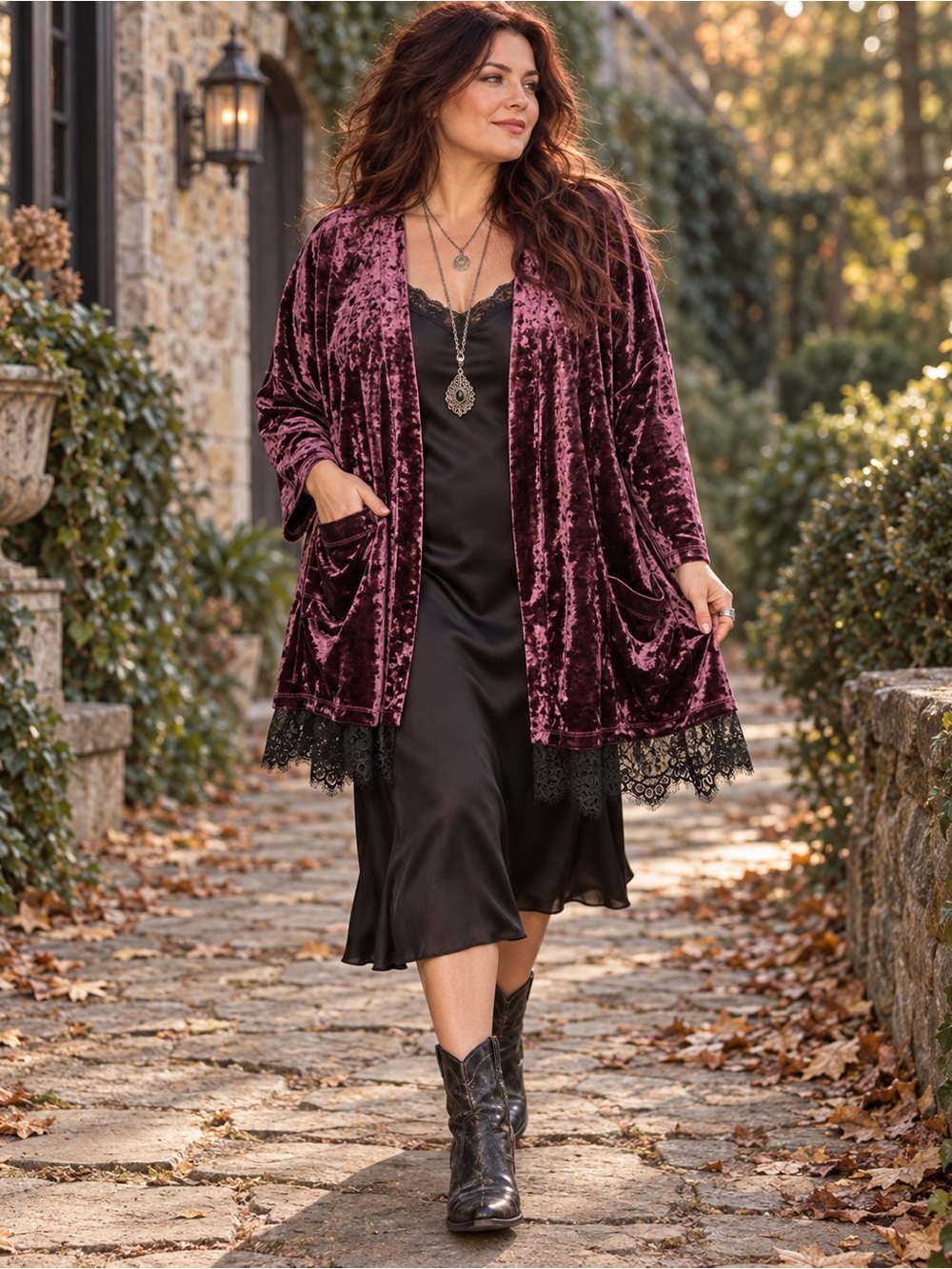 LOGO Lori Goldstein Plum Crushed Velvet Lace Trim Cardigan L Whimsigoth